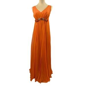 VTG Mike Benet 60s Size 7 Orange Formal Dress Chiffon Gown Velvet Empire Waist